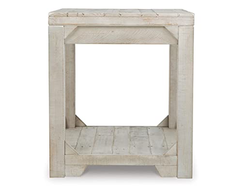 Signature Design by Ashley Fregine Farmhouse Rectangular End Table with Lower Open Shelf, Triangle Bracket Accents, Wood, 25.25" High, Weathered White - color: Whitewash