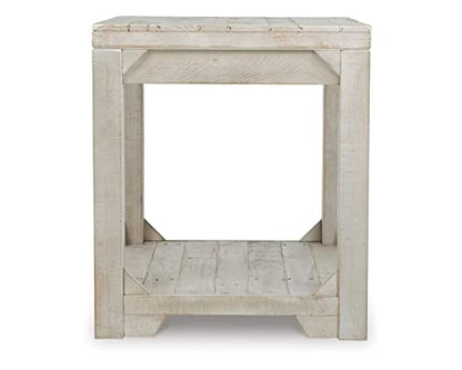Signature Design by Ashley Fregine Farmhouse Rectangular End Table with Lower Open Shelf, Triangle Bracket Accents, Wood, 25.25" High, Weathered White - color: Whitewash