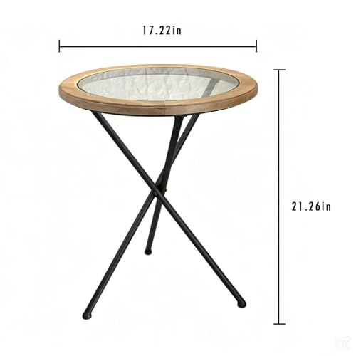 Minimalist Mid-Century Modern Round End Table, Solid Wood Tempered Glass Side Table, Accent Table with Metal Tripod Legs for Living Room, Bedroom, Balcony, Office & Small Spaces (17.22" D x 21.26" H)