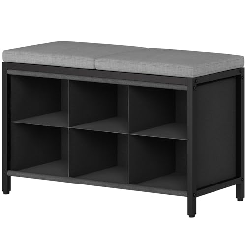 YATINEY Shoe Storage Bench with Cushion, Entryway Bench, Shoe Rack with Padded Seat and 6 Oxford Compartments, for Closet, Bedroom, Entryway, Black and Gray HX01BK