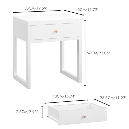 Modern Minimalist White Nightstand with Drawer - Compact Bedside Table for Small Spaces, Easy Assembly, Sturdy MDF Wood, Smooth Painted Finish - Perfect for Bedroom or Apartment