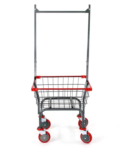 Laundry Cart Grey Powder Coated with Double Pole Rack, 1.5-Bu (Red, Black, Blue Trim) (Red) - color: Red