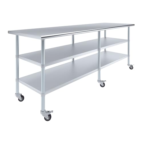 AmGood Stainless Steel Work Table with 2 Shelves and Casters | Metal Utility Table On Wheels (Stainless Steel, 96" Long x 30" Deep) - size: 96" Long x 30" Deep