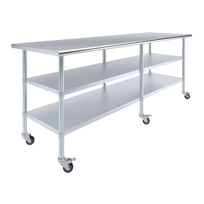 AmGood Stainless Steel Work Table with 2 Shelves and Casters | Metal Utility Table On Wheels (Stainless Steel, 96" Long x 30" Deep) - size: 96" Long x 30" Deep