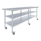 AmGood Stainless Steel Work Table with 2 Shelves and Casters | Metal Utility Table On Wheels (Stainless Steel, 96" Long x 30" Deep) - size: 96" Long x 30" Deep