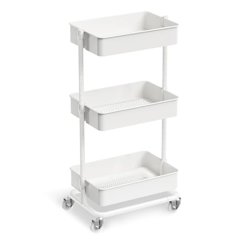3 Tier Utility Rolling Cart, Heavy Duty Metal Rolling Cart with Wheels, Storage Organizer, Portable Mobile Shelving Unit for Office, Bathroom, Kitchen (White) - color: White, size: 17.72×12.40×35.04 inch