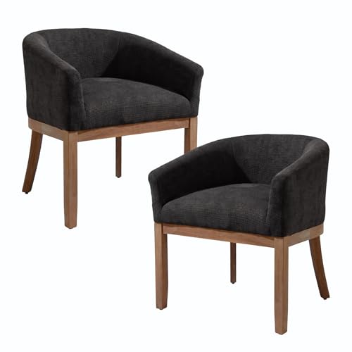 Barrel Dining Chair with Arms Set of 2, Upholstered Linen Armchair, Curved Back Mid-Century Accent Chair with Solid Wood Legs, Kitchen Dining Room, Breakfast Nook,Home Office,Black - color: Black