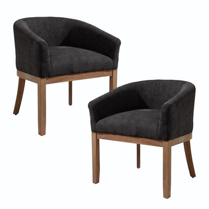 Barrel Dining Chair with Arms Set of 2, Upholstered Linen Armchair, Curved Back Mid-Century Accent Chair with Solid Wood Legs, Kitchen Dining Room, Breakfast Nook,Home Office,Black - color: Black