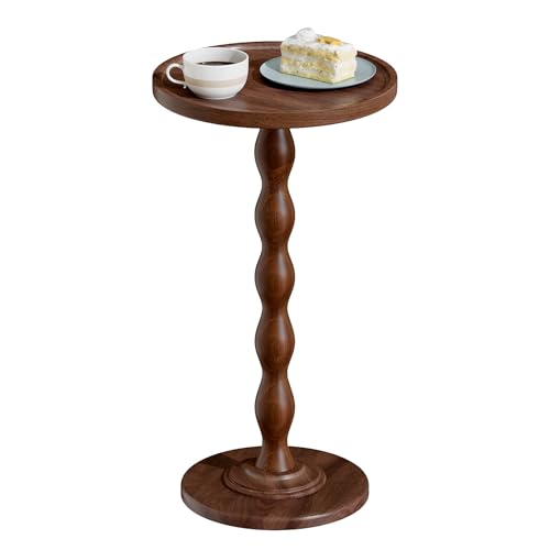 Small Round Side End Table - Solid Wood Accent Drink Table for Living Room | Modern Bedside Coffee Table Nightstand with Pedestal, Vintage Corner Couch Tables for Bedroom Small Spaces, Rustic Brown