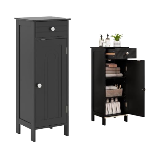 Bathroom Cabinet,Freestanding Floor Storage Cabinet with Drawer, Single Door, 6 Shelf Positions,Bathroom Floor Storage Cabinet for Bathroom, Laundry Room, Living Room, Entryway (Black) - color: Black