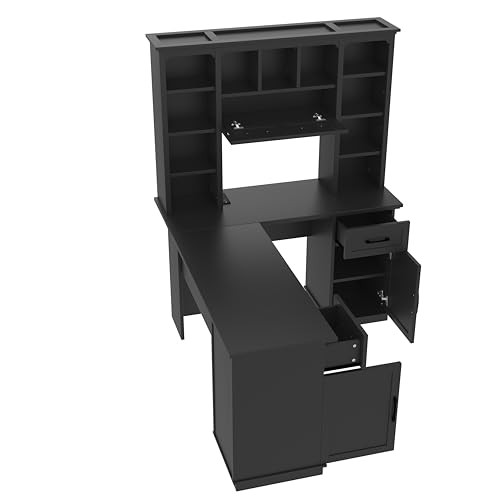 L-Shaped Home Executive Desk with 2 Cabinets and 2 Drawers, Computer Desk with Power Outlet, 11 Open Shelves and 1 Right Flip Shelf with Storage for Study, Living Room and Office (Black-02) - color: Black-02
