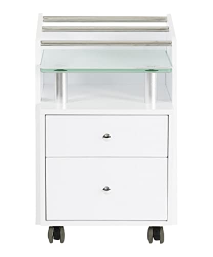 J & A Glass Top Pedi Cart and Trolley for Salons & Spas, Tempered Glass Shelf, 2 Spacious Drawers, Heavy Duty Swivel Casters with Lock for use with Any Pedicure Chair, JA-DP-CART-WHT, White - color: White
