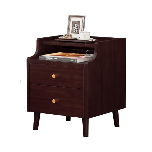 15.7" Solid Wood Nightstand with Drawers & Tray,Black Walnut | Perfect for small spaces, this slim bedside table features a pull-out tray, cable routing, and minimal easy assembly - color: Black Walnut, size: 16"