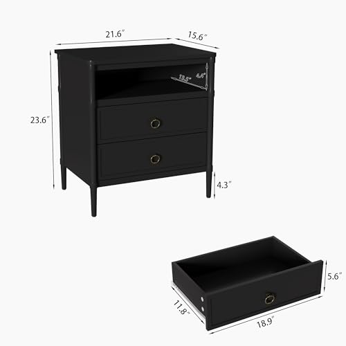Nightstand, Mid Century Modern Night Stand with 2 Drawers and Open Shelf, Beside Table with Distressed Ring Handle for Bedroom - color: Black