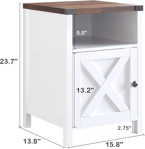 Farmhouse End Table, Nightstand with Barn Door,Set of 2,Cream White | End Tables wirh Shelf,Wooden Sofa Side Table, Modern Bed Side Table Rustic Nightstands, Bedroom, Living Room - color: White
