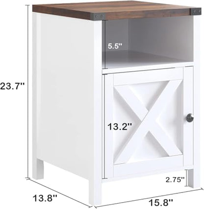 Farmhouse End Table, Nightstand with Barn Door,Set of 2,Cream White | End Tables wirh Shelf,Wooden Sofa Side Table, Modern Bed Side Table Rustic Nightstands, Bedroom, Living Room - color: White