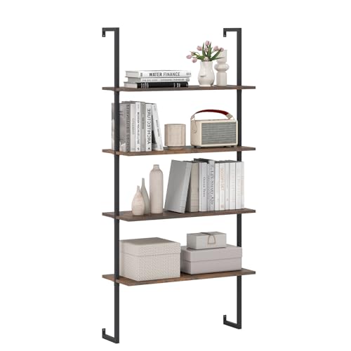 Giantex 4 Tier Modern Wall Mounted Bookshelf Rustic Brown, 64" Industrial Wood Bookcase with Metal Frame, Display Storage Rack Organizer, Ladder Shelf Bookcase for Living Room, Kitchen