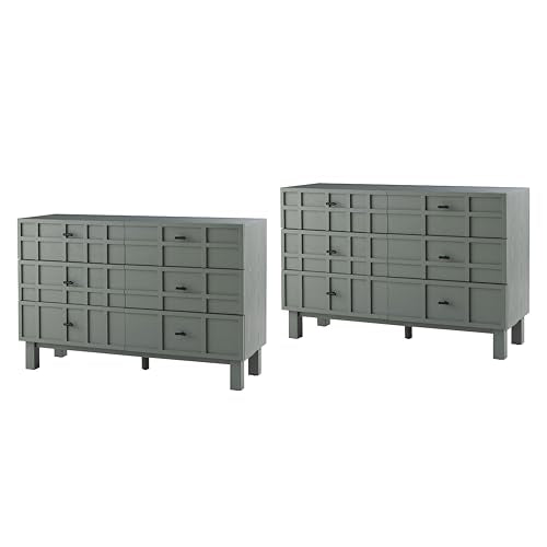 Aoikax Modern 6 Drawer Double Dresser X 2P with Grid Carved Pine Front, Minimalist Chest of Drawers with Large Storage Space Metal Base for Bedroom, Ash Veneered Top, Metal Legs, Light Green - color: 6 Drawer, size: 2-PACK