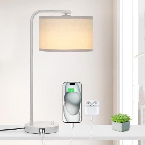 25" Tall Table Lamp with USB C+A Ports, Fully Dimmable Nightstand Lamp | Modern Grey Bedside Lamp with Beige Shade, Minimalist Desk Lamp for Living Room Bedroom Office, LED Bulb Included - color: Gray