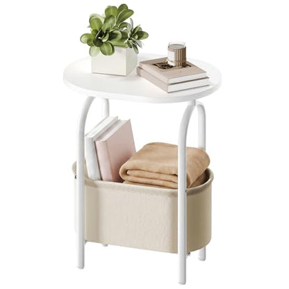 RALGEND Small Round Side Table with Fabric Basket Storage, Oval End Table for Small Spaces, Modern Coffee Bedside Table, Couch Side Table for Living Room, 15.7" X 11.8" X 24", White and Beige 8601BZWT - color: White and Beige
