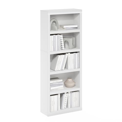 Furinno Rail 5-Tier Open Shelf Bookcase with Classic Style Edges, White - color: White, size: 5-Tier, 10 x 24.6 x 63.5