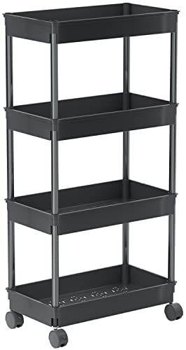 Sooyee 4 Tier Wide Storage Cart, Mobile Shelving Unit Organizer, Black | Slide Out Storage Rolling Utility Cart Tower Rack for Kitchen Bathroom Laundry, Plastic & Stainless Steel - color: Black, size: Wide 4 Tier