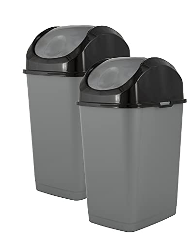Superio Office Trash Can with Lid 9 Gallon Kitchen Garbage Can Bedroom Waste Basket 37 Qt. Swing Top Trashcan Plastic Durable Waste and Recycle Bin (2, Grey/Black) - size: 9 Gallon