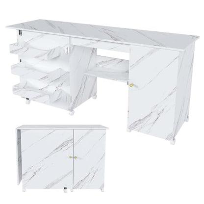 4-in-1 Folding Sewing Table with Storage, Sewing Desk Foldable with Lockable Wheels & Power Socket, Sewings Machine Cabinet & Craft Desk with Shelves, Compact Design (White, 57 Inch) - color: White, size: 57 Inch
