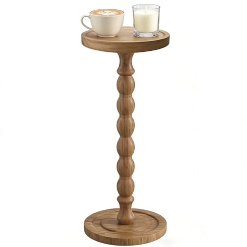 Small Round Side Table for Small Spaces | Wood Pedestal Drink Table & Narrow End Table for Living Room Couch, Modern Bedside Nightstand for Bedroom & Nursery (Walnut) - color: Walnut