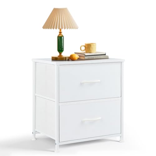 Nightstand, Small 2 Drawer Dresser End Table Bedside Furniture, Wooden Top Fabric Bins for Bedroom, Closet, Entryway, Dorm, 11.8" D x 18" W x 20", White - color: White