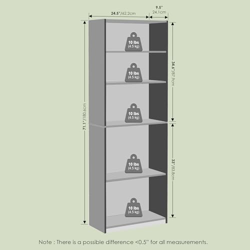 Frei Bookcases, Bookshelf, 71 Inch Tall 5 Tier Display Bookcase, with Adjustable Shelves, for Home Office, Living Room, Black Oak - color: Black Oak, size: 9.5 (D) x 24.5 (W) x 71.2 (H) inches