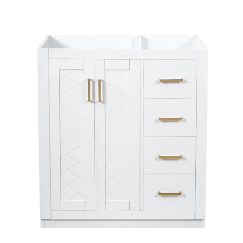 30 Inch White Bathroom Vanity Without Sink,Bathroom Vanity Base Cabinet | with Herringbone Pattern Soft Closing Doors,3 Right Drawers,Solid Wood Frame,Floor-Standing with Toe-Kick - color: White, size: 30 Inch Base Only(Right Drawers)