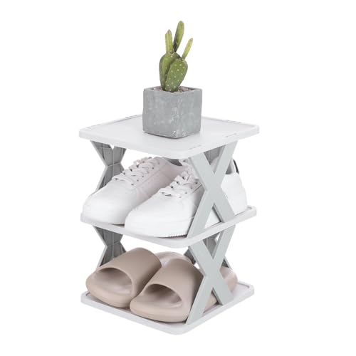 uxcell 3-Tier Plastic Shoe Rack, Vertical Shoe Rack Stackable Storage Organizer Folding Space-Saving Narrow Slot Shelf for Closet Livingroom Entryway Garage, Gray/White - color: Gray/White, size: 10.2x9.4x13.2 Inch