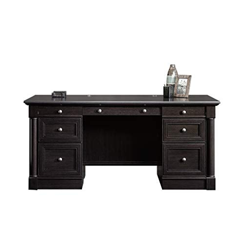 Sauder Palladia Office Desk with Drawers, Executive Desk with File Cabinet Storage, Cable Management, Keyboard Tray, in Wind Oak Finish - color: Wind Oak