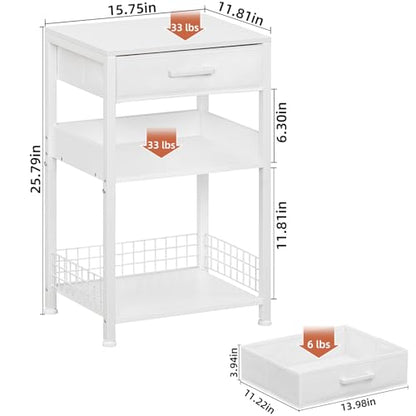 Lerliuo White Printer Stand with Fabric Drawer, 3 Tier Industrial Side Table, Modern Small Printer Desk Holder with Storage Shelf,Multi-Functional Bedside Tables for Home Office Fax Machine Scanner - color: White