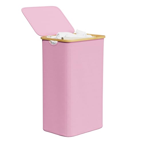 SpaceAid Laundry Hamper with Lid, 110L Large Tall Clothes Basket Bin with Bamboo Handles, Collapsible Laundry Hamper for Bedroom, Bathroom, Dorm, Laundry Room - Pink - color: Pink, size: 110 L
