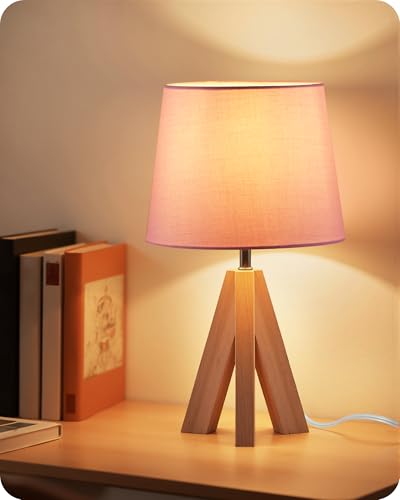 Pink Table Lamp, Small Tripod Table Lamp, Boho Bedside Lamp with Pink Linen Shade & Wood Base, Modern Nightstand Lamps, Little Cute Desk Lamp for Girls Room, Kids Room, Bedroom, P51TL05 - color: Pink+Natural Wood