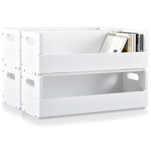 CroBlissful 4 Set Wooden CD Storage Box,Holds 144 CDs (36 Each), Stackable CD Holder Organizer with Magnetic Front Flap and Carrying Handles for DVDs, Cassette Tapes and Movie Cases (White) - color: White