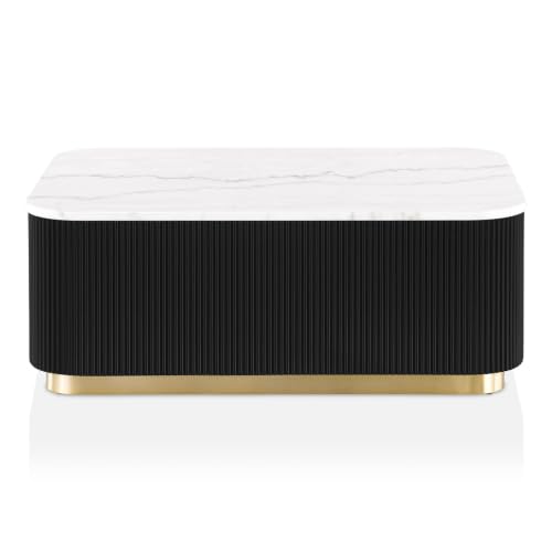 Furniture of America Beryl Modern Rectangle White Genuine Marble Top Coffee Table with Fluted Pedestal Base and Gold Stainless Steel Accent, Low Profile Table for Living Room, Home Office, Black - size: Coffee table, style: Rectangle