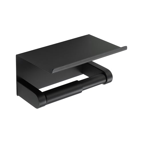 Alise Black Toilet Paper Holder,Bathroom Adhesive Toilet Paper Holder SUS304 Stainless Steel Toilet Paper Roll Holder with Shelf Spring Loaded Tissue Holder Wall Mount(Adhesive or Screw) - color: Matte Black, size: with Shelf