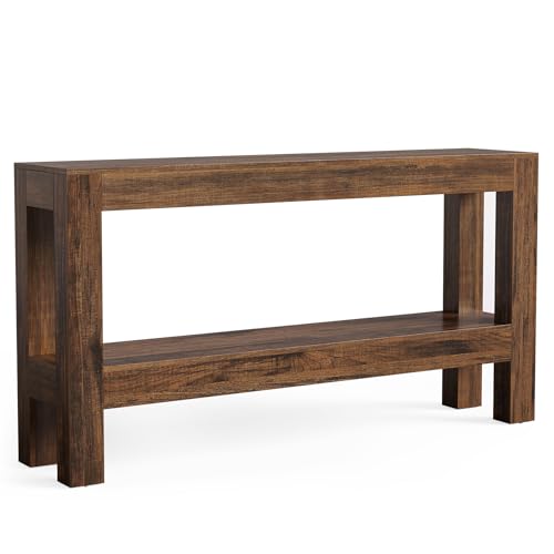 LITTLE TREE 63-Inch Wood Entryway Table, Long Farmhouse Narrow Console Table for Living Room, Hallway, Sofa, Entry, Entrance, Foyer, Behind Couch with 2-Tier Shelves, Brown - color: Red Brown