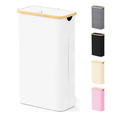 SpaceAid Slim Laundry Hamper with Lid, 65L Narrow Clothes Basket Bin with Bamboo Handles, Skinny Tall Collapsible Hamper for Bedroom, Bathroom, Dorm, Laundry Room - White - color: White, size: 65 L