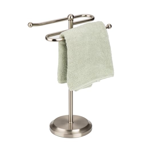 J&V TEXTILES Classical Steel Towel Rack Holder Stand with 2 Hanging Rings for Bathroom Vanity Countertops - Space Saving Hand Towel Holder (Brushed Satin Nickel) - color: Brushed Satin Nickel