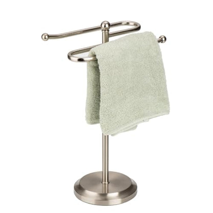 J&V TEXTILES Classical Steel Towel Rack Holder Stand with 2 Hanging Rings for Bathroom Vanity Countertops - Space Saving Hand Towel Holder (Brushed Satin Nickel) - color: Brushed Satin Nickel