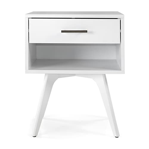 Mid Century Modern One Drawer Nightstand/Constructed of Solid Wood/White Finish - color: White