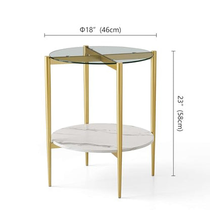 LumFurn Round Glass End Table, Mid-Century Modern Design Sofa Table for Living Room, D18 x H23 in, 2-Tier Structure, Clear Glass Top and White Marble Shelf, Sleek Conical Legs with Gold Finish Frame - color: Clear & White Marble, size: D18" Round End Tabl