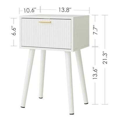 Night Stand Set 2, White Nightstand with Fluted Doors, Small Modern Mid-Century Bedside Table for Bedroom, End Table for Living Room - color: White