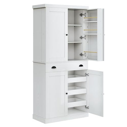 IRONCK 72" Kitchen Pantry Cabinet with Drawer and Sliding Racks, White | White wood pantry cabinet. 6 door shelves. 3 sliding racks. For kitchen, dining room, or hallway. - color: White