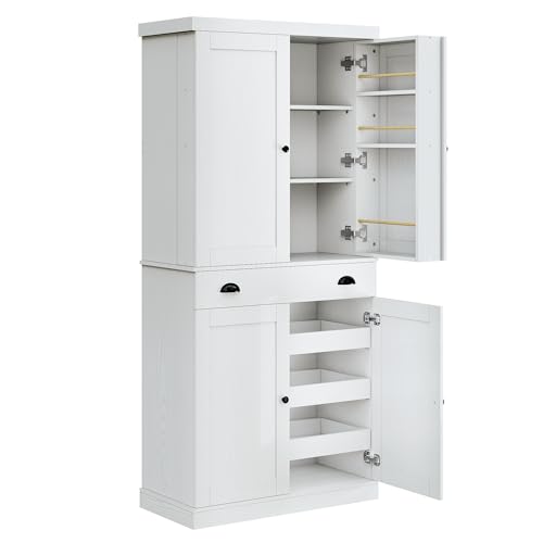 IRONCK 72" Kitchen Pantry Cabinet with Drawer and Sliding Racks, White | White wood pantry cabinet. 6 door shelves. 3 sliding racks. For kitchen, dining room, or hallway. - color: White
