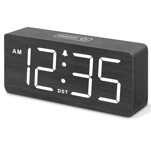 DreamSky Wooden Digital Alarm Clock for Bedroom - Loud Alarm Clock for Heavy Sleepers with Volume Control, Desk Clocks for Living Room with Large Numbers, Dimmer, DST, Wood Decor (Plug in Clock) - color: Black (Plug-in)